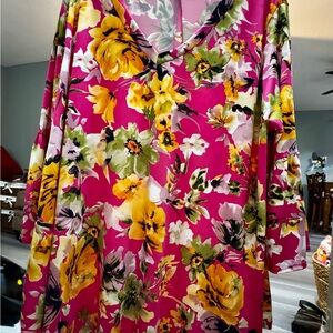 Vibrant Floral V-Neck Blouse - Pink and Yellow